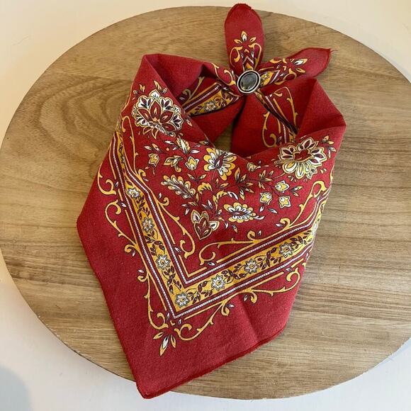 Vintage 90s Cottage Red & Yellow Floral Cotton Square Bandana Neck Tie - Picture 11 of 12